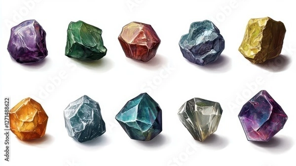 Fototapeta A set of icons of precious stones of different facets for fantasy style games isolated on a white background