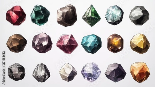 Fototapeta A set of icons of precious stones of different facets for fantasy style games isolated on a white background