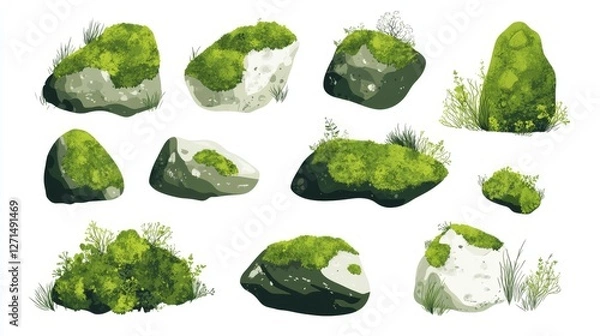 Fototapeta A set of isolated illustrations . Rocks and stones covered with moss