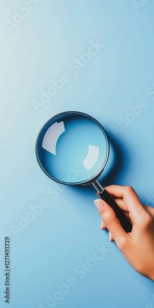 Fototapeta Focused Observation, Magnifying glass held over soft blue background, symbolizing inquiry, investigation, and importance of focusing on detail in any exploration