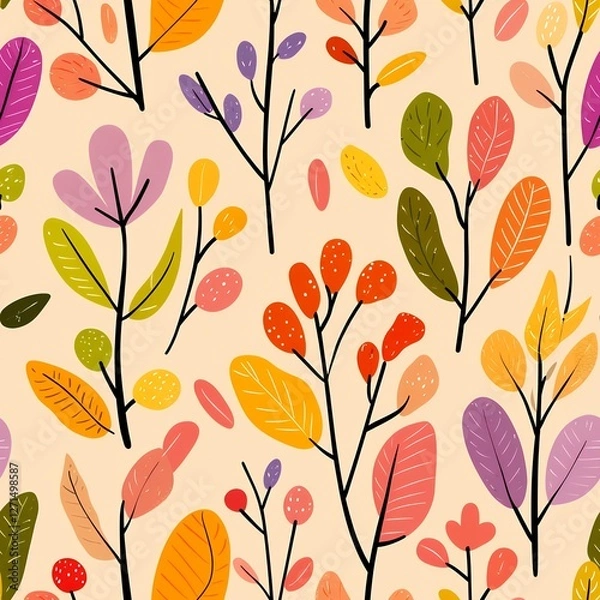 Fototapeta Colorful Floral Pattern Featuring Vibrant Leaves and Branches on a Light Background