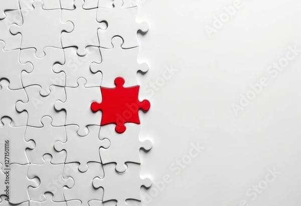 Fototapeta Assembled white jigsaw with missing bright red piece.