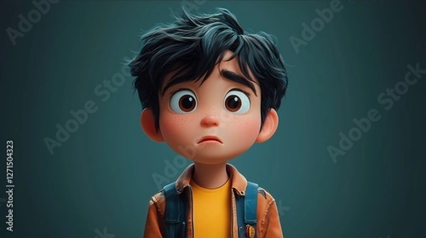 Fototapeta Boy with a Worried Expression: Capturing the essence of concern and thoughtfulness. This image features a young boy rendered in a 3D animation style.