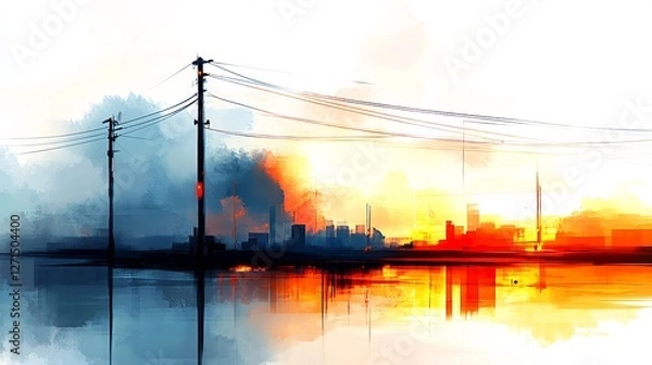 Obraz Vibrant sunset paints urban landscape with warm hues reflecting peacefully in still water.. AI Generated