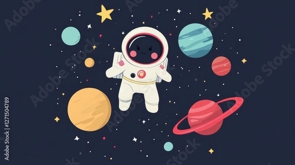 Fototapeta Cosmic Adventure Scene with Cute Astronaut Character and Colorful Space Elements in Modern Flat Design