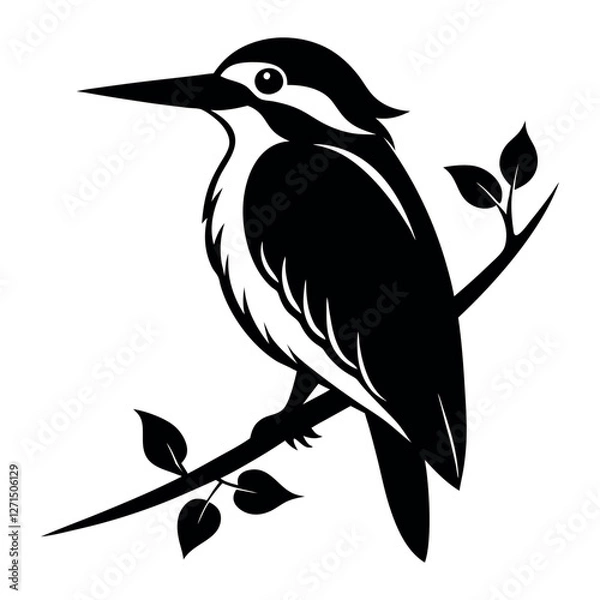 Obraz Kingfisher Bird Silhouette on Branch - Black and White Vector Illustration