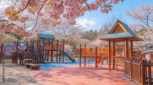 Fototapeta Colorful Playground Surrounded by Cherry Blossom Trees in Spring