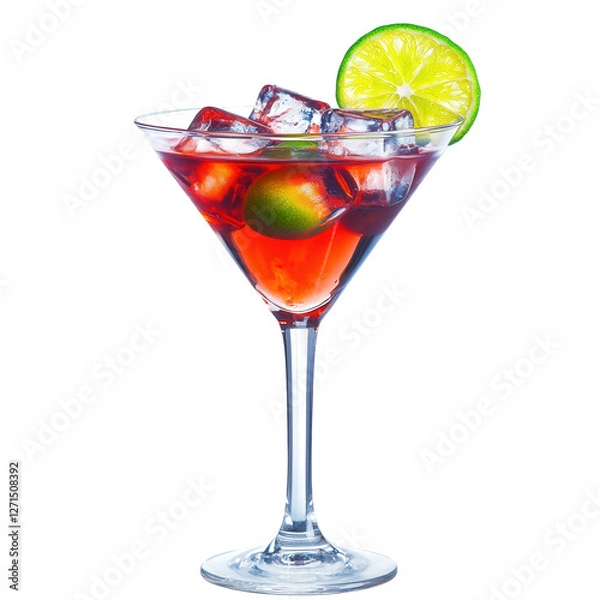 Obraz A colorful martini glass with a rich red beverage, featuring ice cubes and a bright green lime wedge as garnish, transparent background, PNG