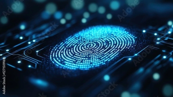 Fototapeta Digital Fingerprint Representation with Glowing Blue Dots on Dark Background