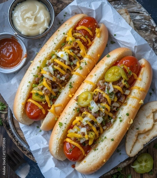 Obraz Gourmet Hot Dogs with Mustard  Ketchup  Pickles Crispy Onions  and Fresh Herbs Served on a Soft Bun with Classic Condiments 