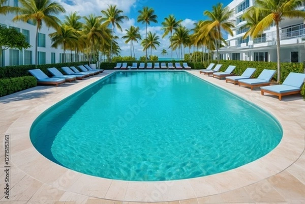 Obraz there is a pool with lounge chairs and palm trees in the background
