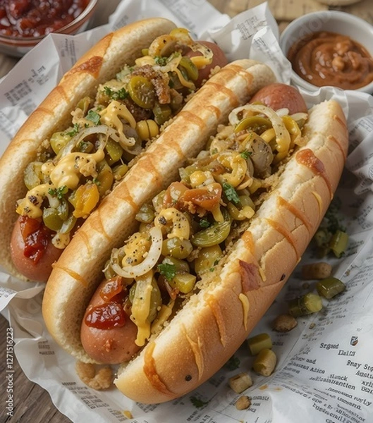 Obraz Gourmet Hot Dogs with Mustard  Ketchup  Pickles Crispy Onions  and Fresh Herbs Served on a Soft Bun with Classic Condiments 