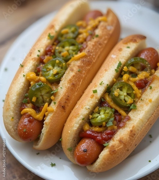 Obraz Gourmet Hot Dogs with Mustard  Ketchup  Pickles Crispy Onions  and Fresh Herbs Served on a Soft Bun with Classic Condiments 