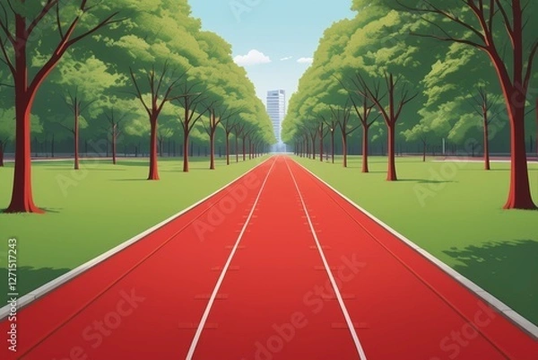 Fototapeta there is a red track running through a park with trees