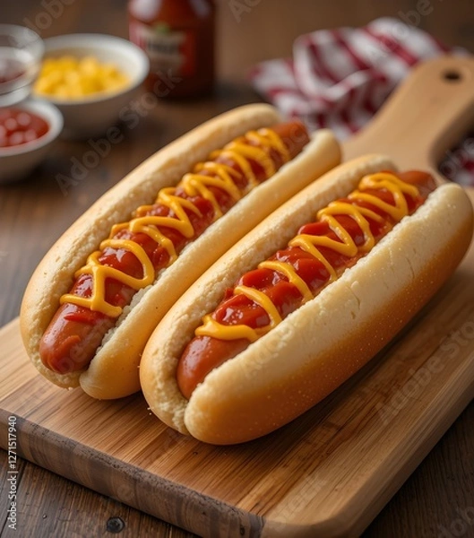 Fototapeta Gourmet Hot Dogs with Mustard  Ketchup  Pickles Crispy Onions  and Fresh Herbs Served on a Soft Bun with Classic Condiments 