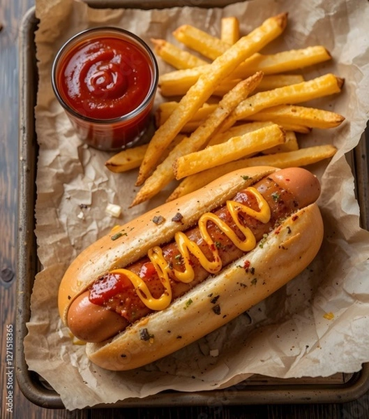 Obraz Gourmet Hot Dogs with Mustard  Ketchup  Pickles Crispy Onions  and Fresh Herbs Served on a Soft Bun with Classic Condiments 