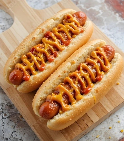 Obraz Gourmet Hot Dogs with Mustard  Ketchup  Pickles Crispy Onions  and Fresh Herbs Served on a Soft Bun with Classic Condiments 