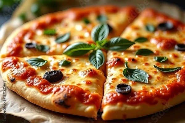 Fototapeta Delicious Pizza with Fresh Basil and Olives