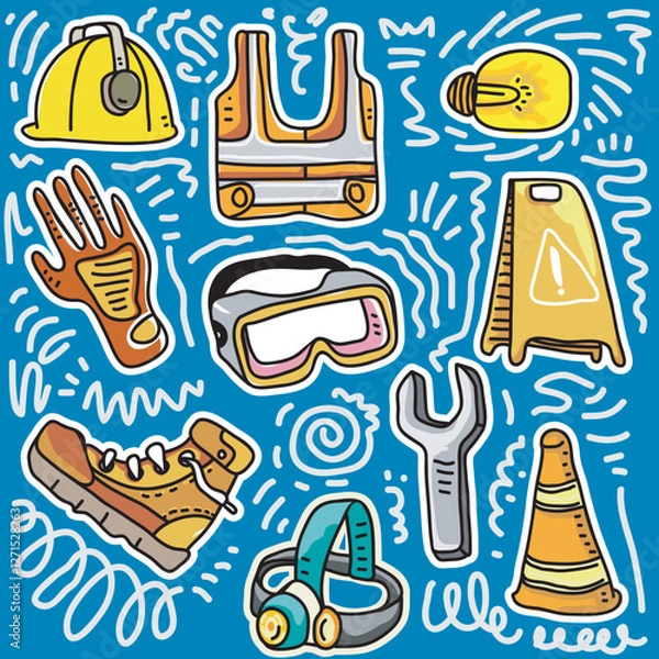 Fototapeta Illustration showcases a collection of work safety equipment, including a helmet, gloves, goggles, boots, and a wrench, along with a caution cone, a lightbulb, and other construction-related item