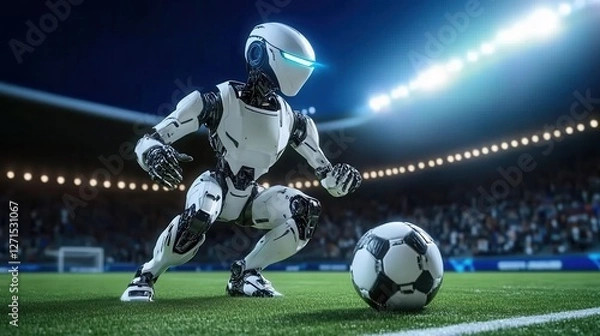 Fototapeta A futuristic robot prepares to kick a soccer ball on a well-lit field, surrounded by an enthusiastic crowd at a night match.
