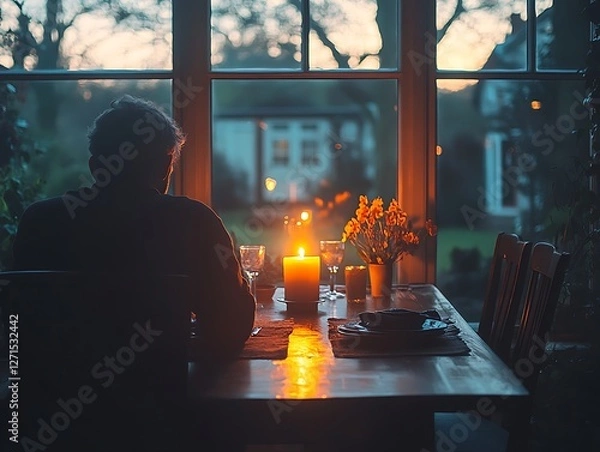 Fototapeta Man Sitting Alone by Candlelit Dinner Table in Evening Home Environment