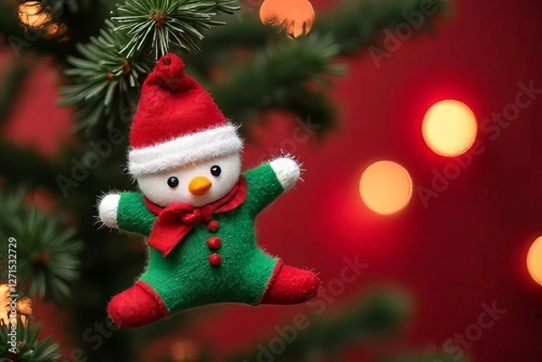 Fototapeta Festive Snowman Ornament on Christmas Tree with Bokeh Lights