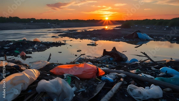 Obraz A polluted waterway is filled with garbage, reflecting the golden hues of a beautiful sunset. The contrast between nature’s beauty and human waste highlights the impact of pollution on the environment