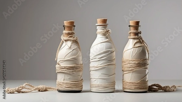 Fototapeta "Eco-Friendly Paper Wine Bottles: Cotton-Wrapped and Twine-Tied in a Minimalist Dark Red Christmas Setting"
