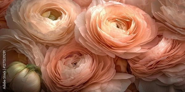 Fototapeta Elegant cluster of soft peach ranunculus flowers in gentle sunlight