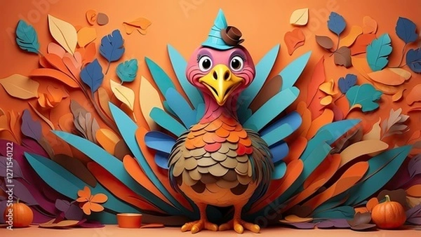 Fototapeta "Handcrafted Felt Turkey in Orange, Brown, and Yellow on an Orange Background with Copy Space – Ideal for Banners or Web Design"