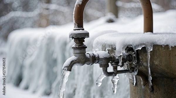 Fototapeta "Ice-Covered Faucet and Frozen Water Pipe in Winter – AI-Generated Scene"