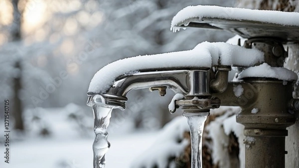 Fototapeta "Ice-Covered Faucet and Frozen Water Pipe in Winter – AI-Generated Scene"