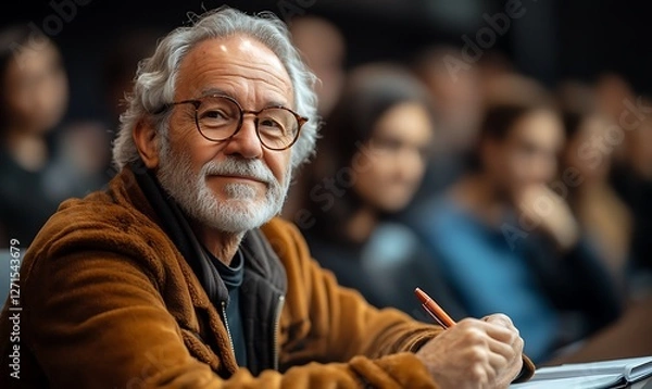 Fototapeta Focused Senior Man Taking Notes in an Academic Lecture Setting