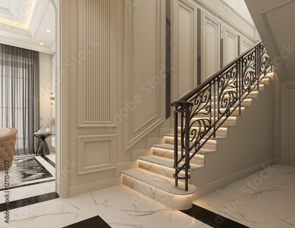 Fototapeta 3D rendering Interior design of a classic hall marble floor black and white, White Doors and Rest zone decorated with a ceiling and chenderliar.