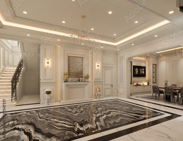 Fototapeta 3D rendering Interior design of a classic hall marble floor black and white, White Doors and Rest zone decorated with a ceiling and chenderliar.