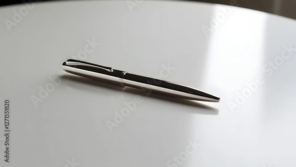 Obraz A sleek black pen lies on a white reflective table, creating a slight shadow. The contrast between the dark pen and the bright background highlights its elegant design and professional appearance.