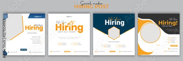 Fototapeta Join our team banners. We are hiring communication poster, help wanted advertising banner with speaker and vacant badge. Hr recruiting hire, vacancy job offer isolated vector signs set