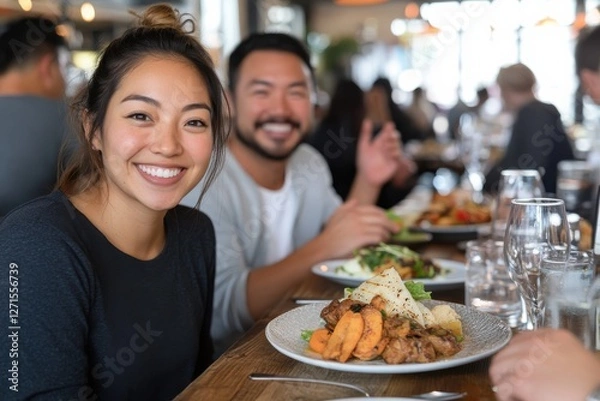 Fototapeta A cheerful young woman sitting at a restaurant table, smiling and engaged, sharing a fulfilling meal with friends, illustrating joy and the comfort of dining together.