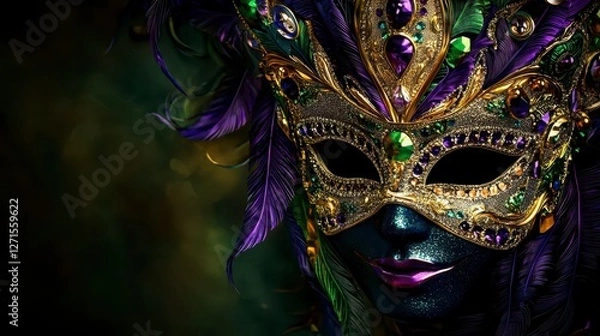 Fototapeta Mardi Gras celebration excitement concept. A colorful masquerade mask adorned with jewels and feathers, set against a dark background, conveying a sense of mystery and elegance.