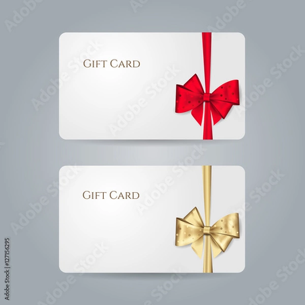 Obraz White gift card with red, golden bow with polka dots and ribbons. Vector template for design invitation and credit or discount card. Isolated from a background...