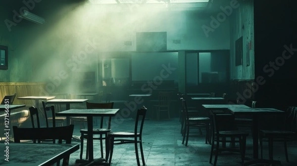 Fototapeta Empty café interior with soft light and misty ambiance