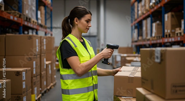 Fototapeta Warehouse worker scanning barcode on box, Woman using barcode scanner in logistics center, Generative AI image