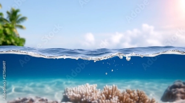 Fototapeta Ocean waves gently crash over vibrant coral reef under sunny skies. AI Generated