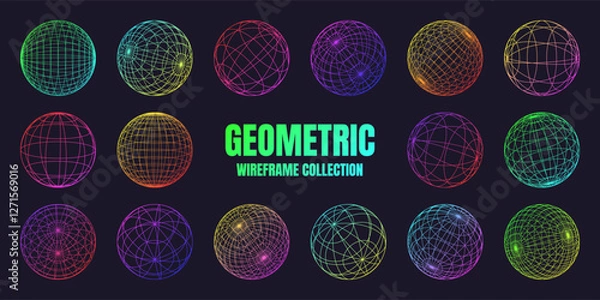 Fototapeta Neon wireframe shapes, lined sphere. Perspective mesh, 3d grid. Low poly geometric elements. Retro futuristic design elements, y2k, vaporwave and synthwave style. Vector illustration
