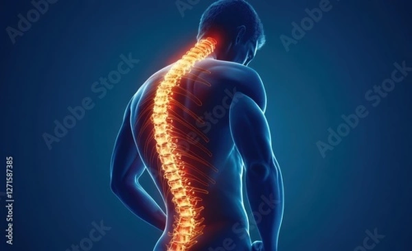 Fototapeta 3D Medical Illustration of Human Spine with Glowing Pain Effect Highlighting Back Pain and Posture Issues