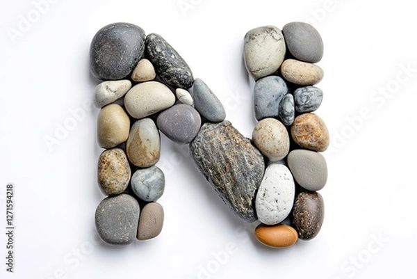Obraz Nature's Alphabet: A Serene Letter N Crafted from Smooth Pebbles on a Pristine White Background. Perfect for branding, logos, invitations, websites, educational materials, and more. This unique design