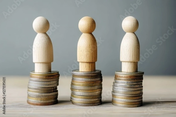 Obraz Wooden figures on stacked coins symbolizing socioeconomic inequality and wealth disparity