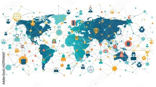 Fototapeta Revolutionizing Global Communication Networks: Interconnected Business Nodes and Human Resources Collaboration Across Worldwide Platforms – Enabling Seamless Digital Connectivity, Cross-Border Teamwor
