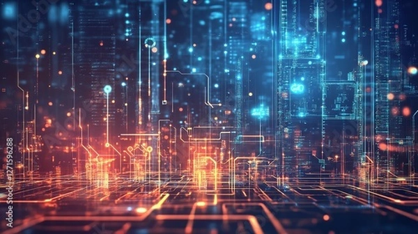 Fototapeta Cybernetic Cityscape: An Abstract, High-Tech Cityscape Composed of Glowing Lines, Data Streams, and Geometric Shapes, Representing the Interconnectedness, Complexity, and Digital Nature of Modern Urba