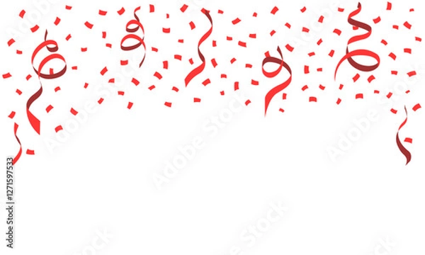 Fototapeta Many Red square small paper and ribbon falling isolated on white background. Confetti for birthday, party, festival fair, celebration, and congratulation. Vector illustration flat design.